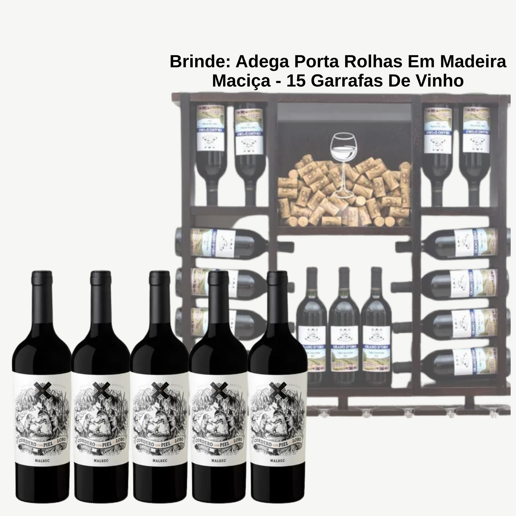 Cordero Con Piel de Lobo Malbec + BRINDE: Adega Porta Rolhas Em Madeira Maciça - Suporta 15 Garrafas De Vinho