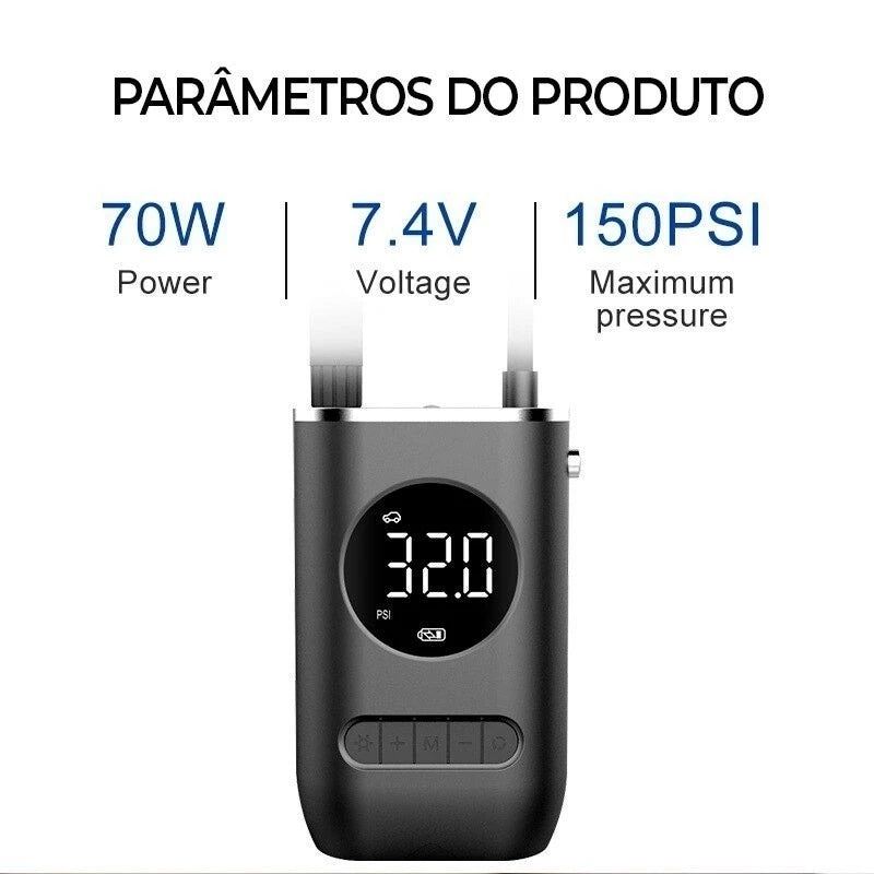 Inflador de Pneus Portátil Mini Sem Fio, Compressor Elétrico para Carro, Moto e Bicicleta