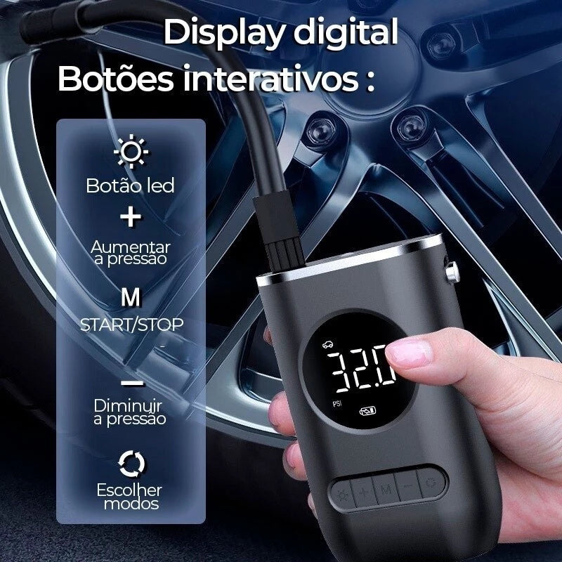Inflador de Pneus Portátil Mini Sem Fio, Compressor Elétrico para Carro, Moto e Bicicleta