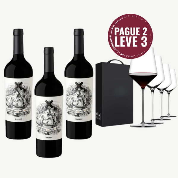 KIT 3 Cordero Con Piel de Lobo Malbec + Taças de Cristal Falerno