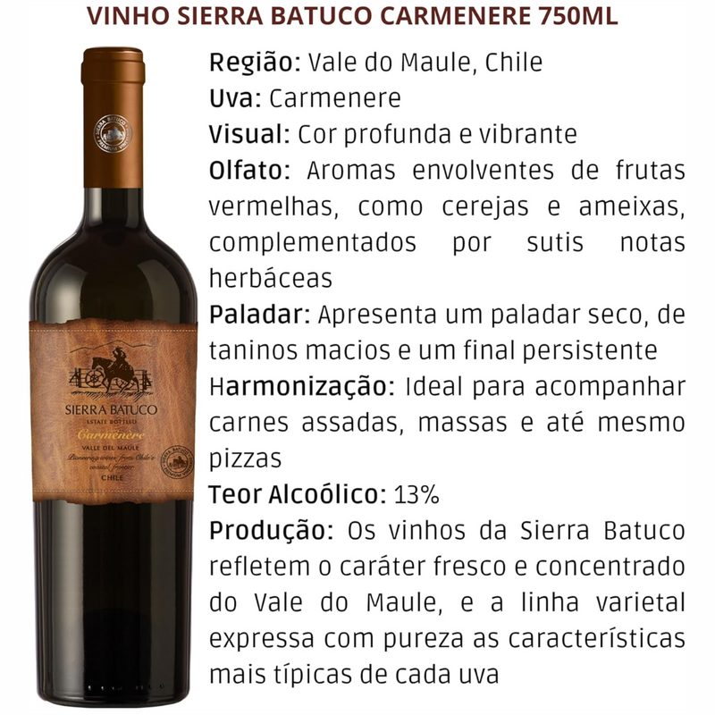 Kit: Compre 3 Sierra Batuco Vinho Tinto Chileno Carmenere e Leve 4 Taças VELVET de Cristal Titanium