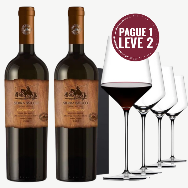 Kit: Compre 3 Sierra Batuco Vinho Tinto Chileno Carmenere e Leve 4 Taças VELVET de Cristal Titanium