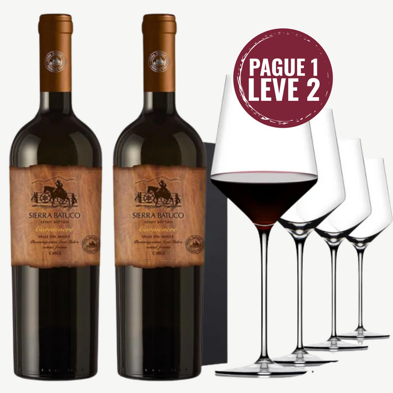 Kit: Compre 3 Sierra Batuco Vinho Tinto Chileno Carmenere e Leve 4 Taças VELVET de Cristal Titanium