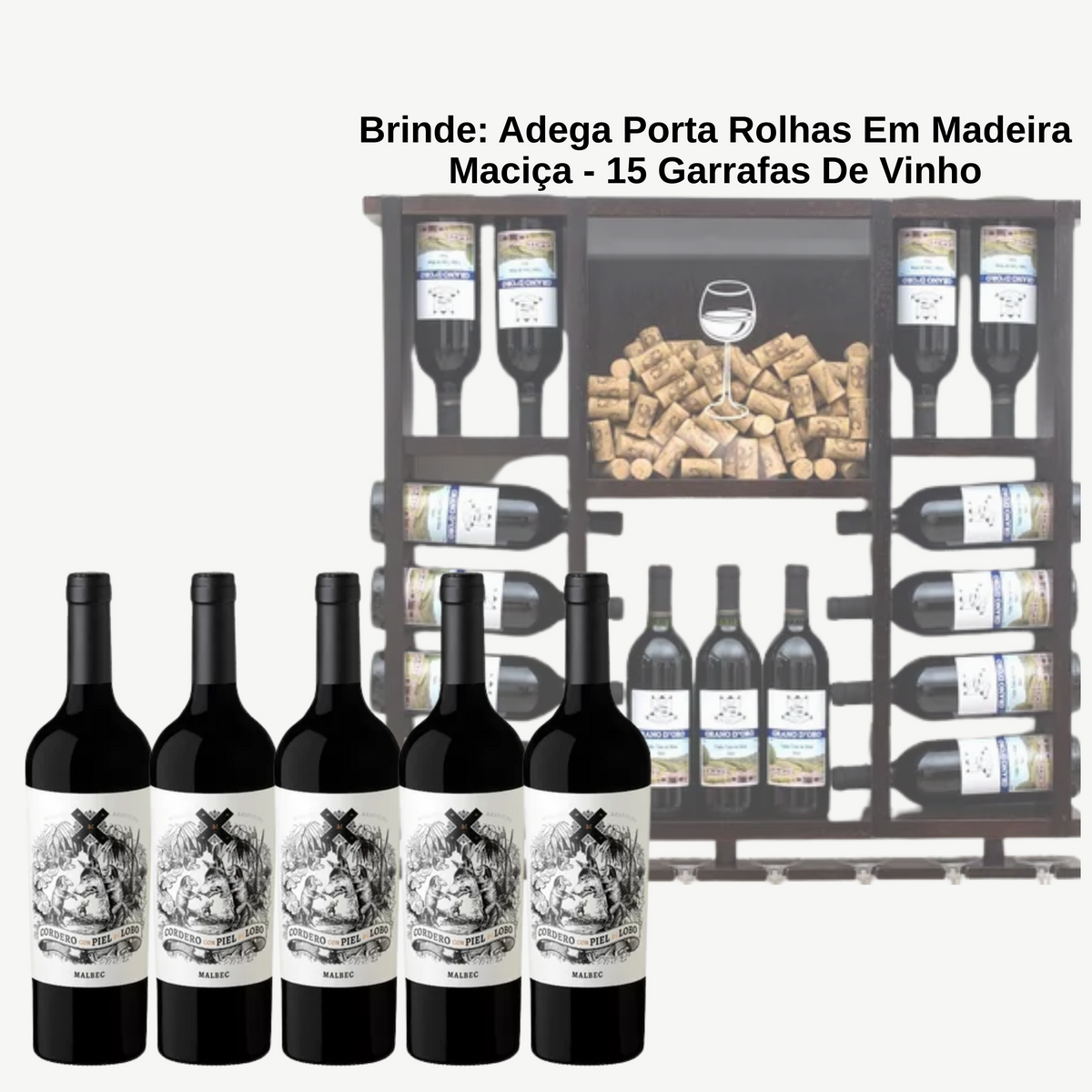 Cordero Con Piel de Lobo Malbec + BRINDE: Adega Porta Rolhas Em Madeira Maciça - Suporta 15 Garrafas De Vinho